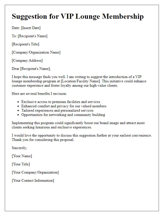 Letter template of suggestion for VIP lounge membership.