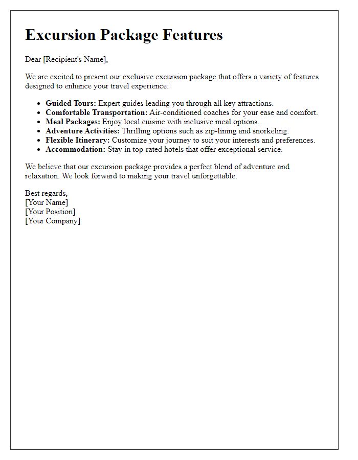 Letter template of excursion package features.