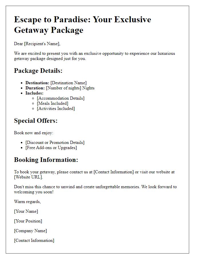 Letter template of getaway package outlines.