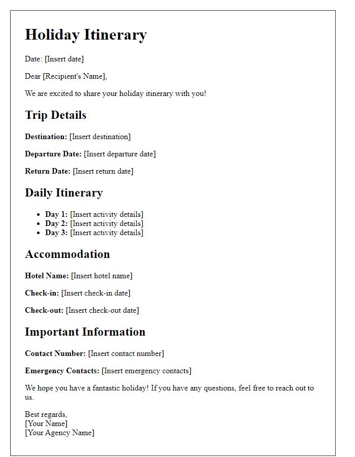 Letter template of holiday itinerary information.