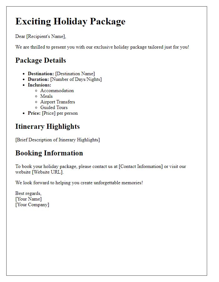 Letter template of holiday package information.