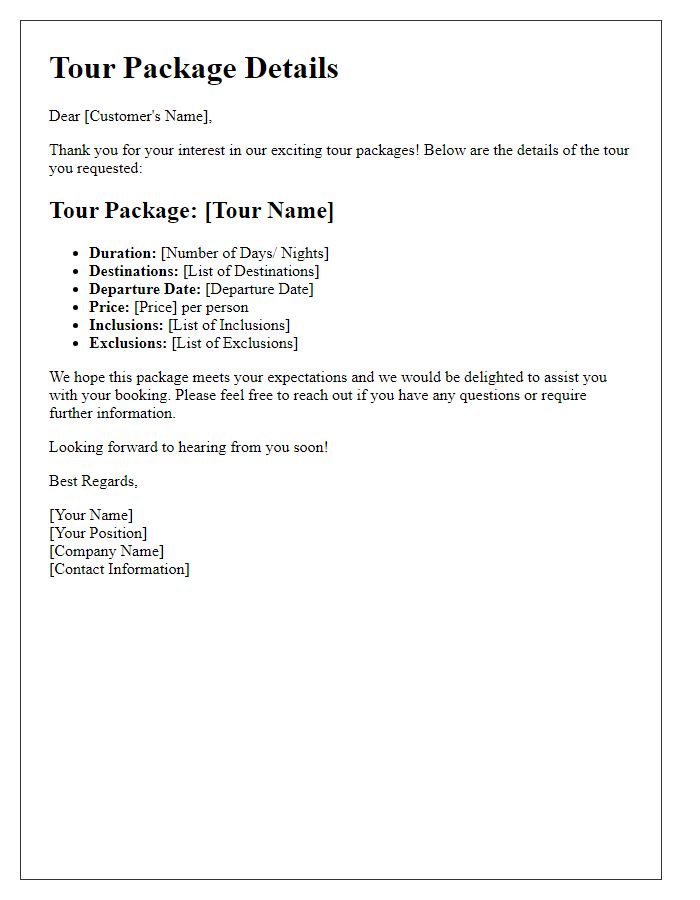 Letter template of tour package details.