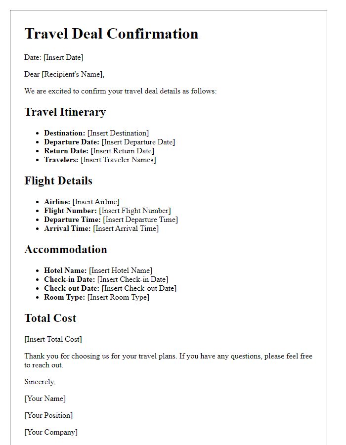 Letter template of travel deal particulars.