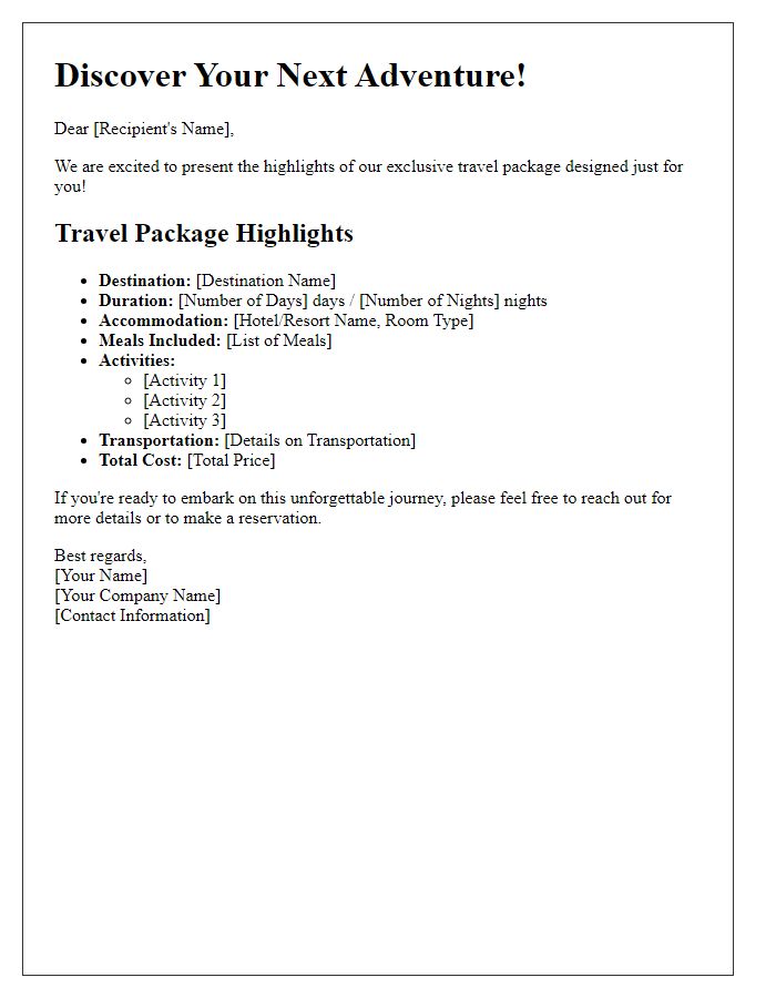 Letter template of travel package highlights.