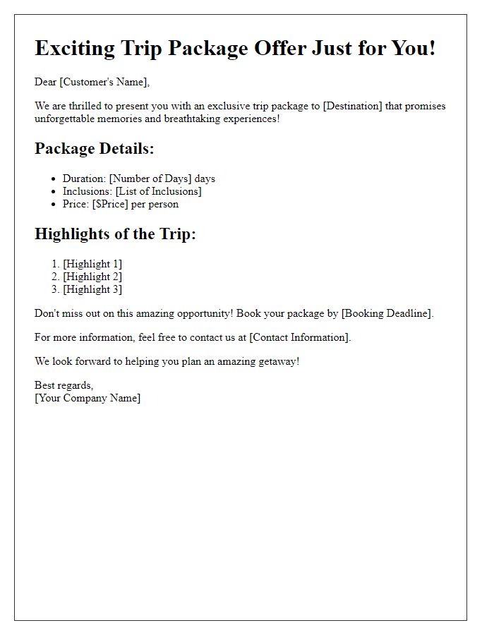 Letter template of trip package offers.