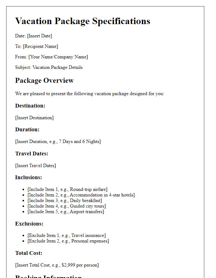 Letter template of vacation package specifications.