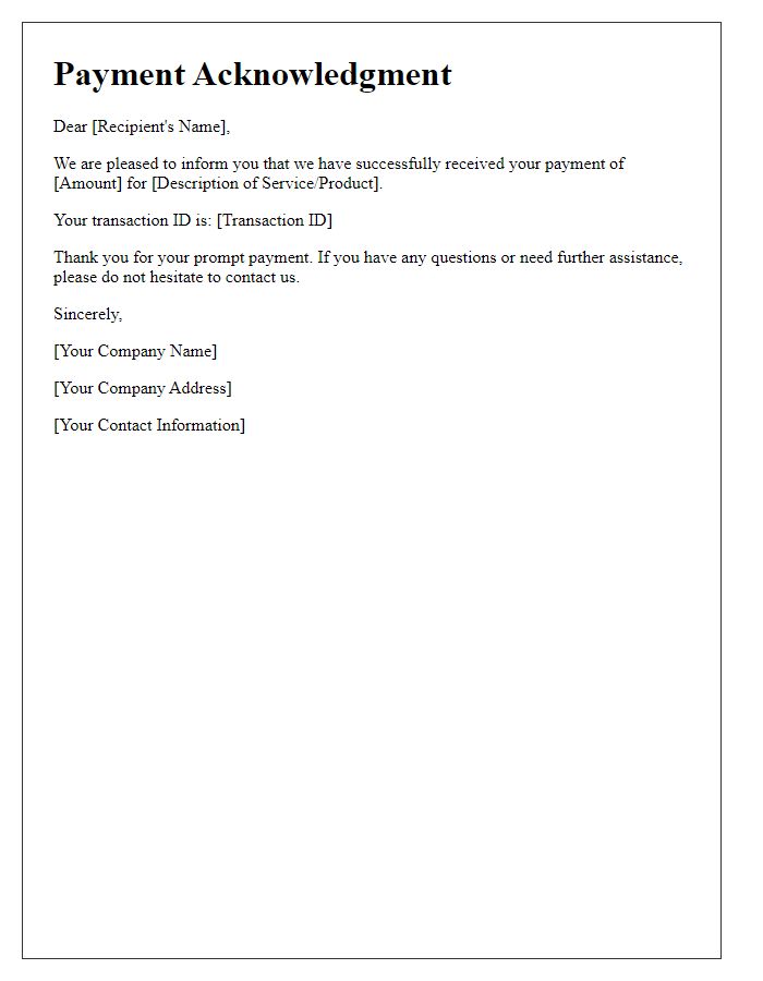 Letter template of Acknowledgment for Successful Payment