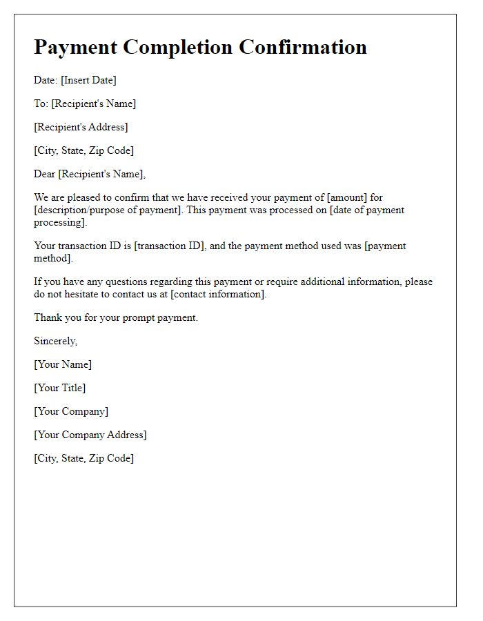 Letter template of Payment Completion Confirmation