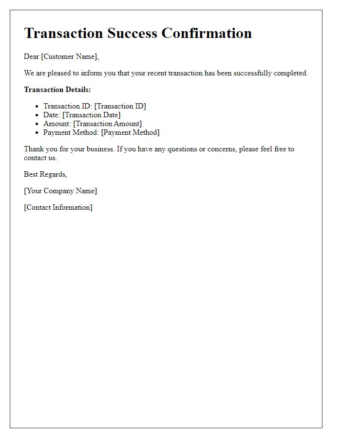 Letter template of Transaction Success Confirmation