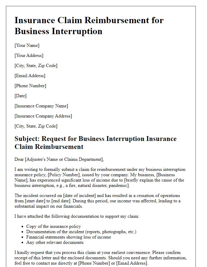 Letter template of insurance claim reimbursement for business interruption