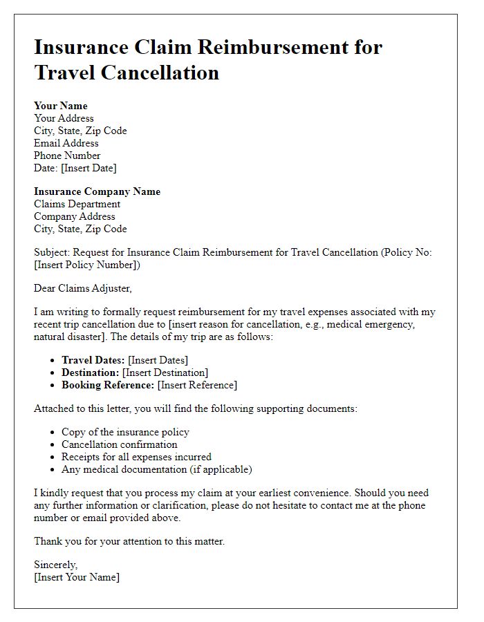 Letter template of insurance claim reimbursement for travel cancellation