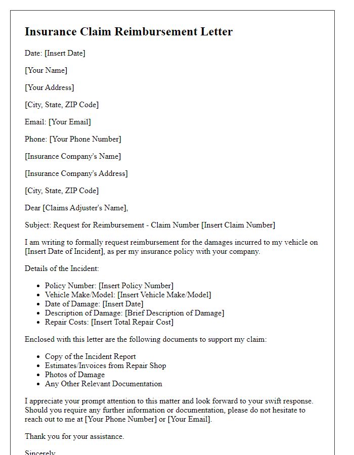 Letter template of insurance claim reimbursement for vehicle damage