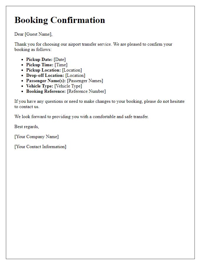 Letter template of airport transfer service booking confirmation