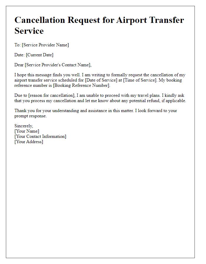 Letter template of airport transfer service cancellation request