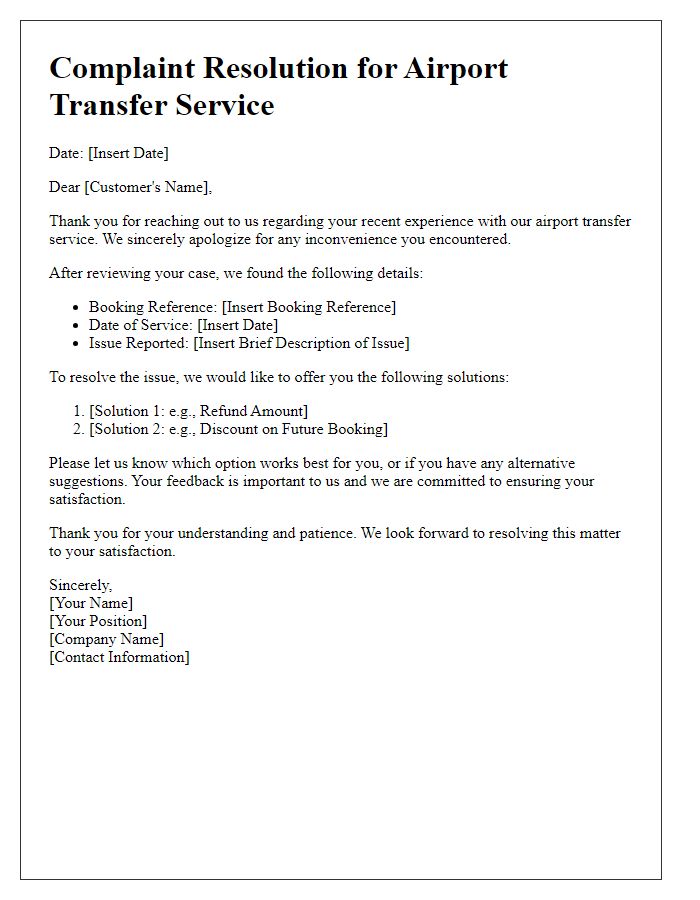 Letter template of airport transfer service complaint resolution