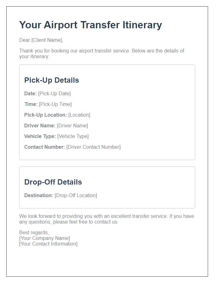 Letter template of airport transfer service itinerary details