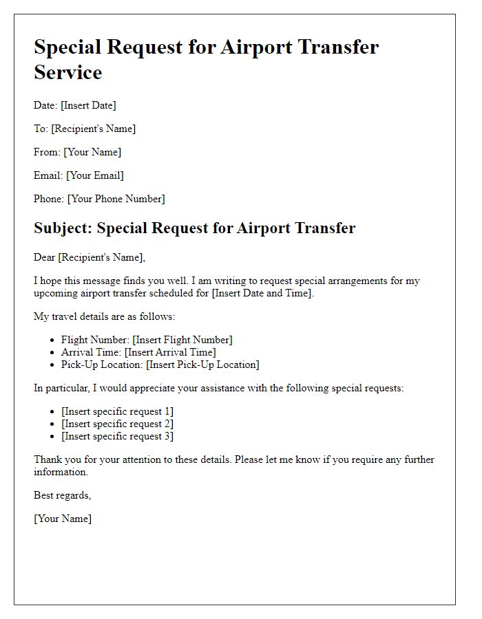 Letter template of airport transfer service special request