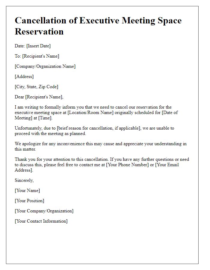 Letter template of cancellation for executive meeting space reservation