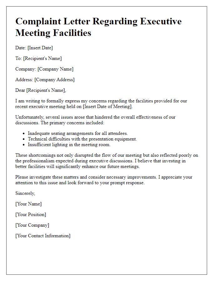 Letter template of complaint regarding executive meeting facilities