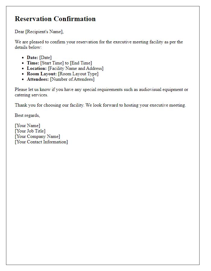 Letter template of confirmation for executive meeting facility reservation