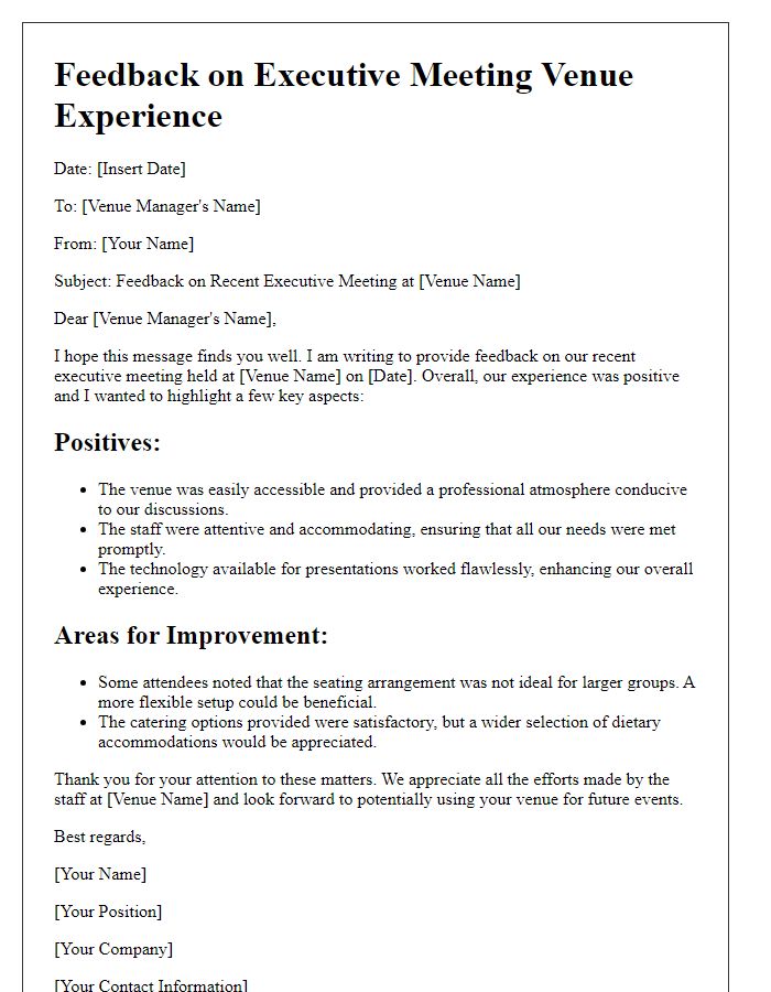 Letter template of feedback on executive meeting venue experience