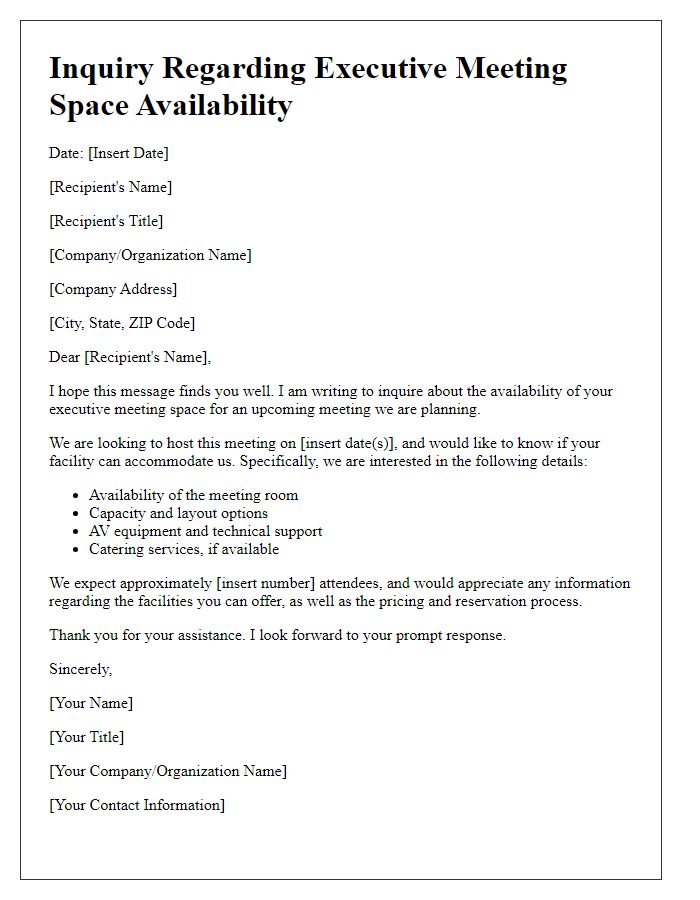 Letter template of inquiry regarding executive meeting space availability