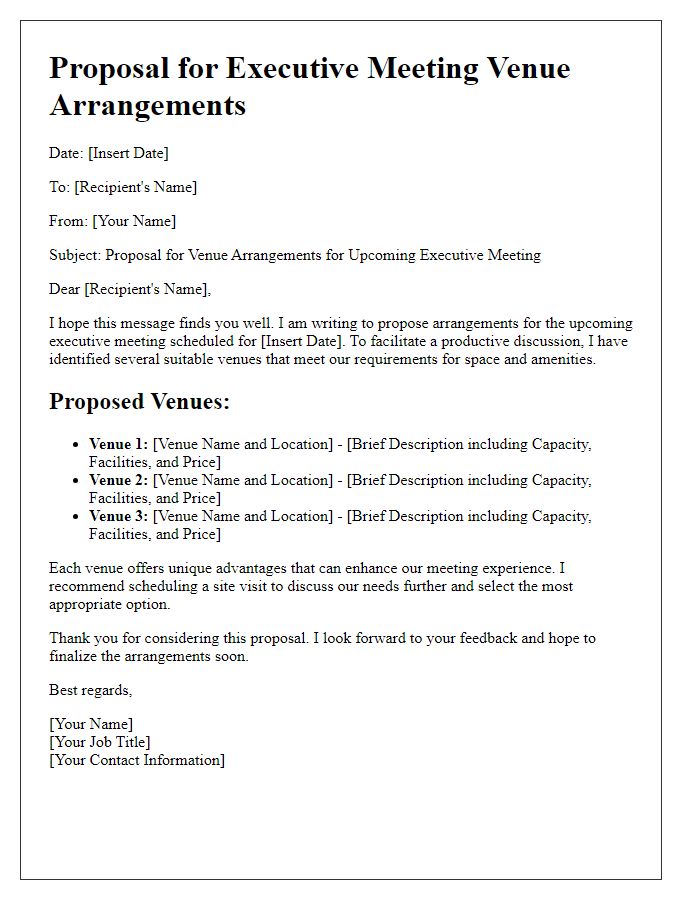 Letter template of proposal for executive meeting venue arrangements