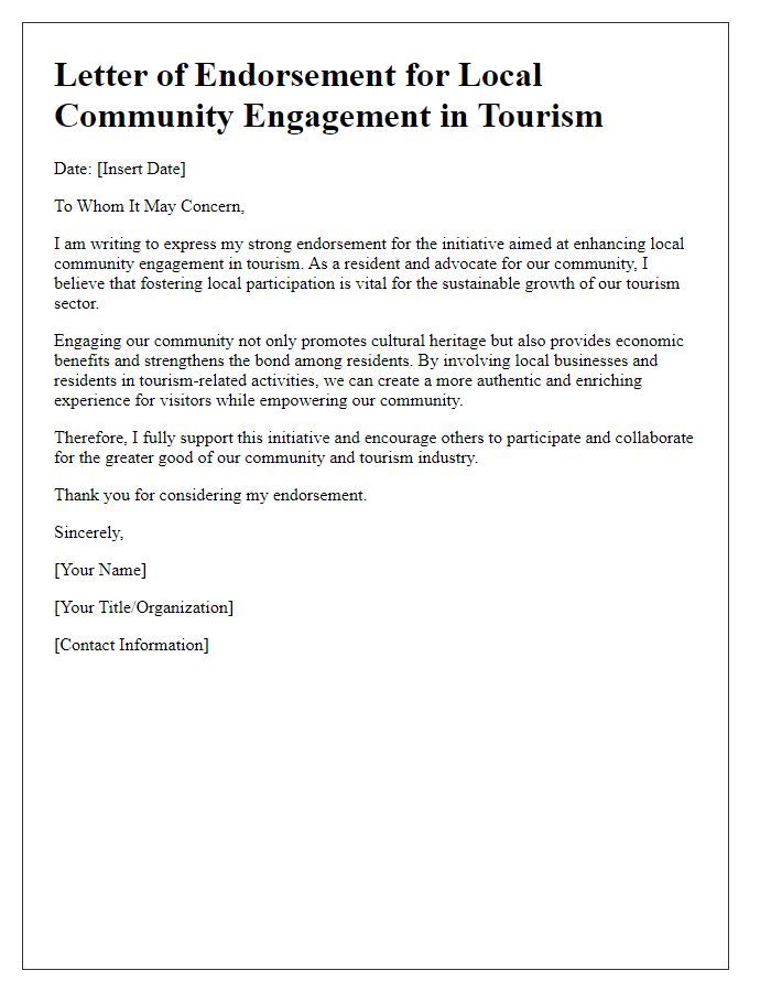 Letter template of endorsement for local community engagement in tourism