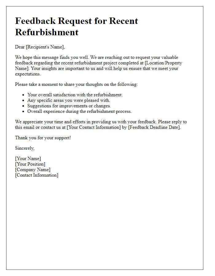 Letter template of refurbishment feedback request