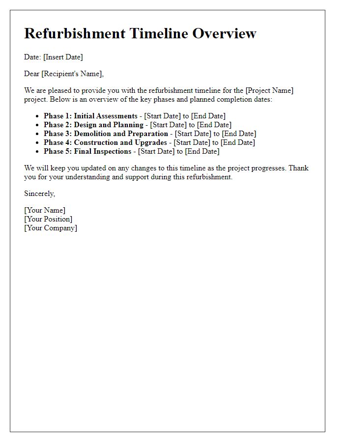 Letter template of refurbishment timeline overview