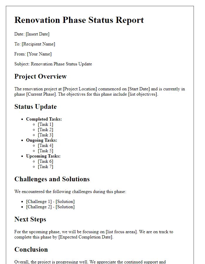 Letter template of renovation phase status report