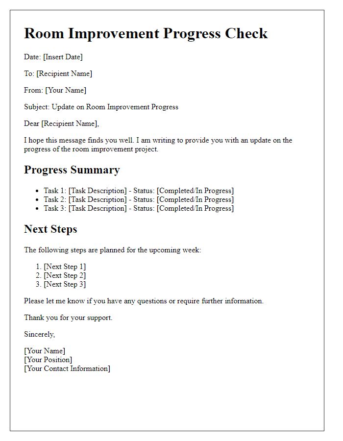 Letter template of room improvement progress check