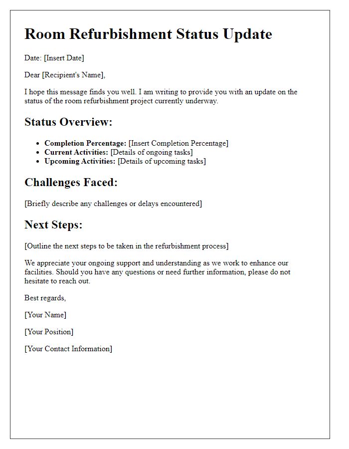 Letter template of room refurbishment status update