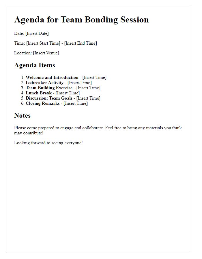 Letter template of agenda for team bonding sessions