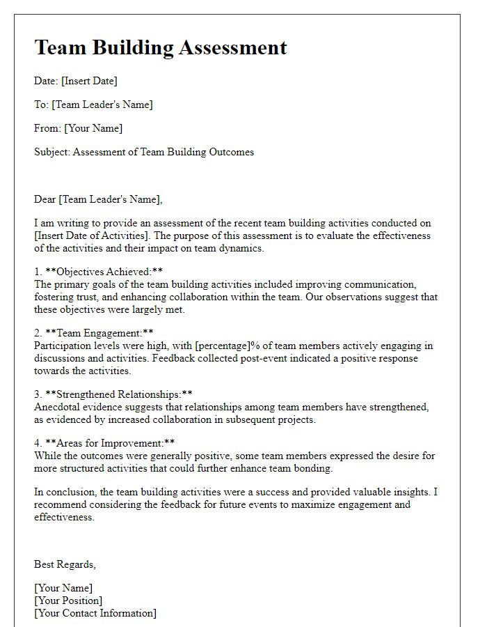 Letter template of assessment for team building outcomes