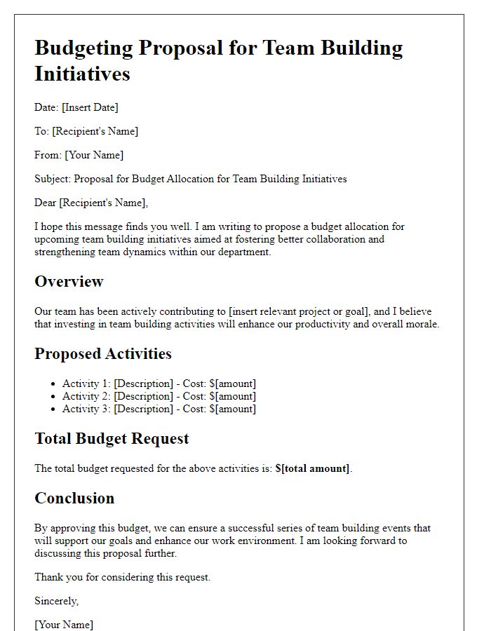 Letter template of budgeting proposal for team building initiatives