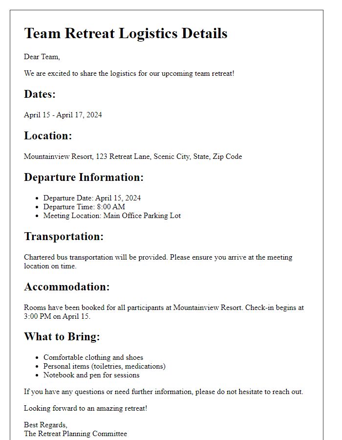 Letter template of logistics details for team retreat