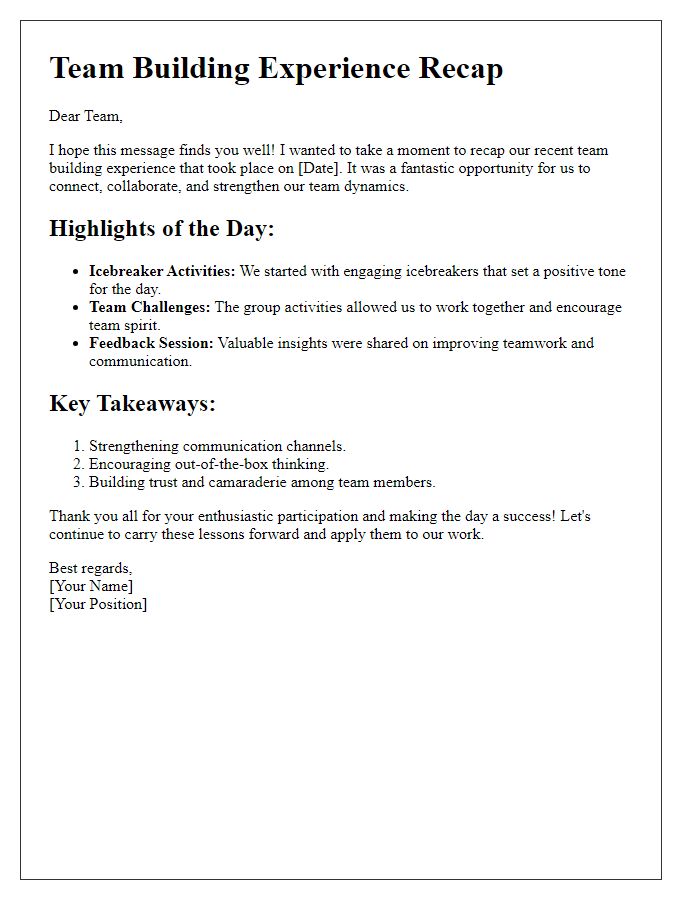 Letter template of recap for team building experiences