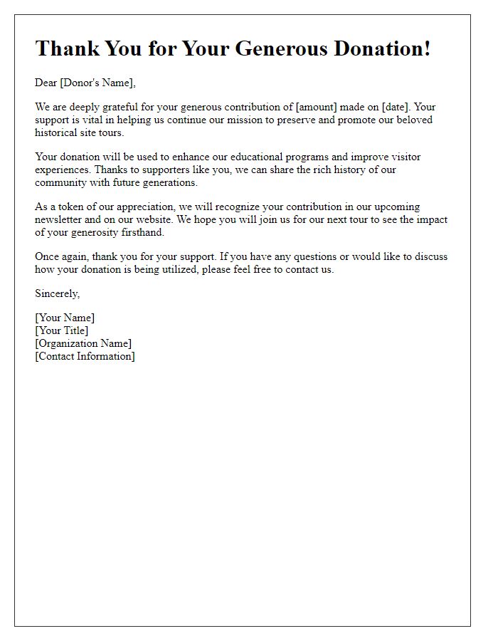 Letter template of acknowledgment for donations supporting historical site tours