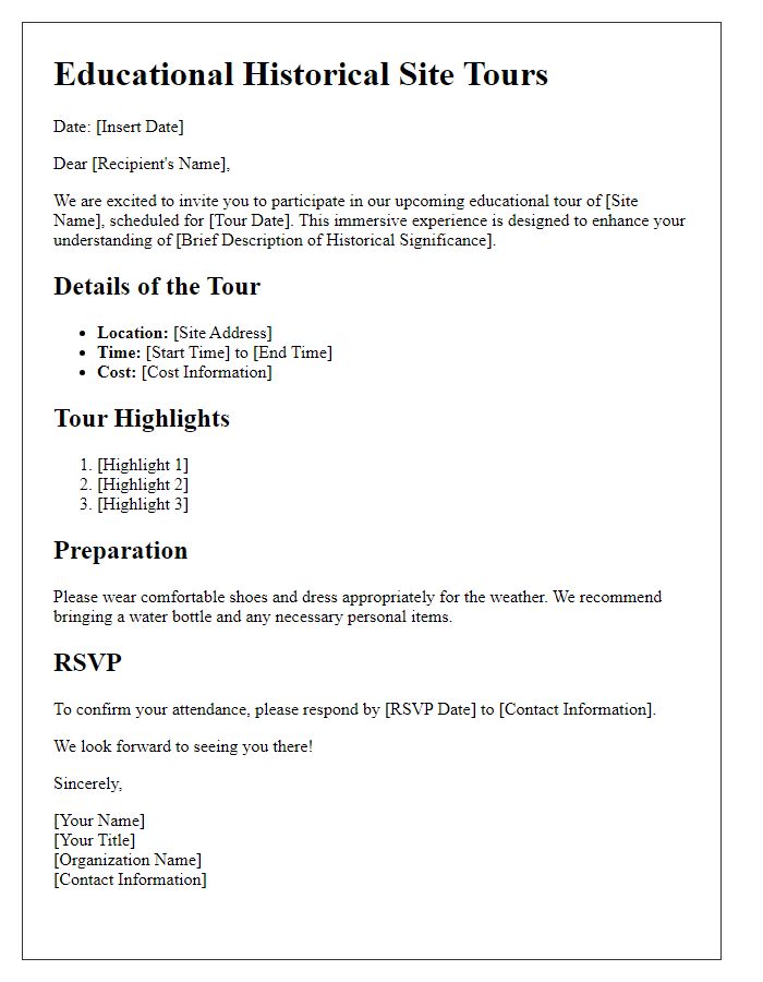 Letter template of information for educational historical site tours