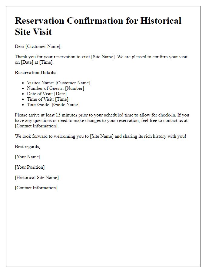 Letter template of reservation confirmation for historical site visits