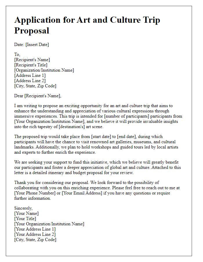 Letter template of an application for an art and culture trip proposal.