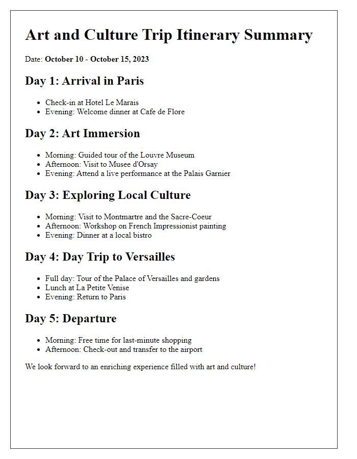 Letter template of an itinerary summary for an art and culture trip.