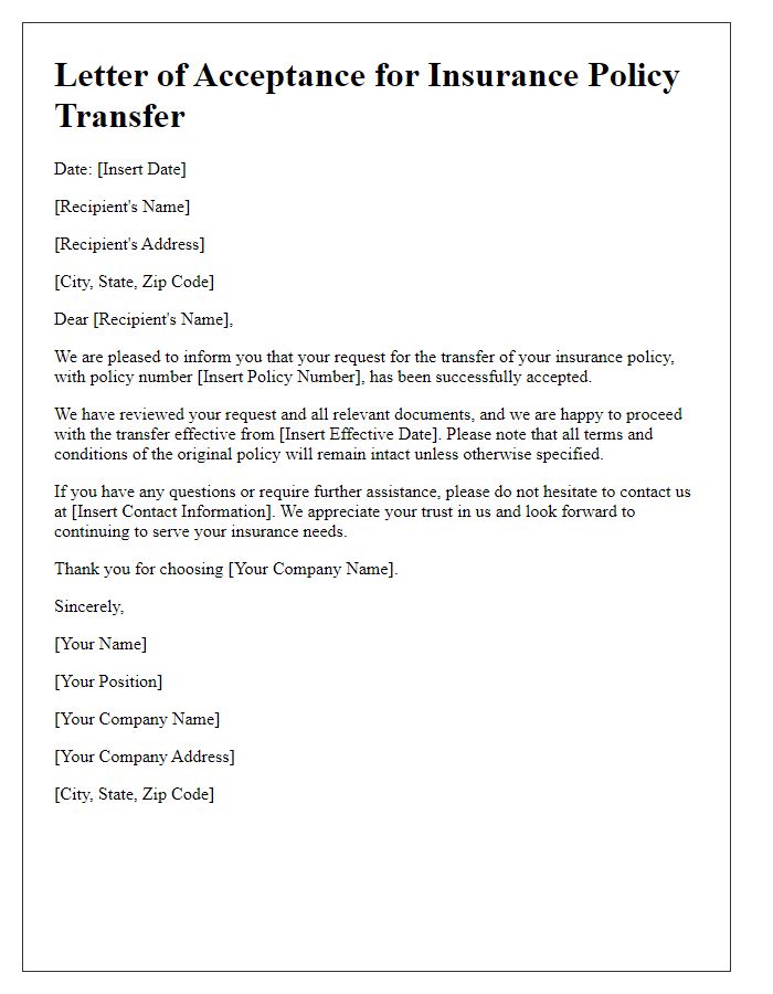 Letter template of acceptance for insurance policy transfer