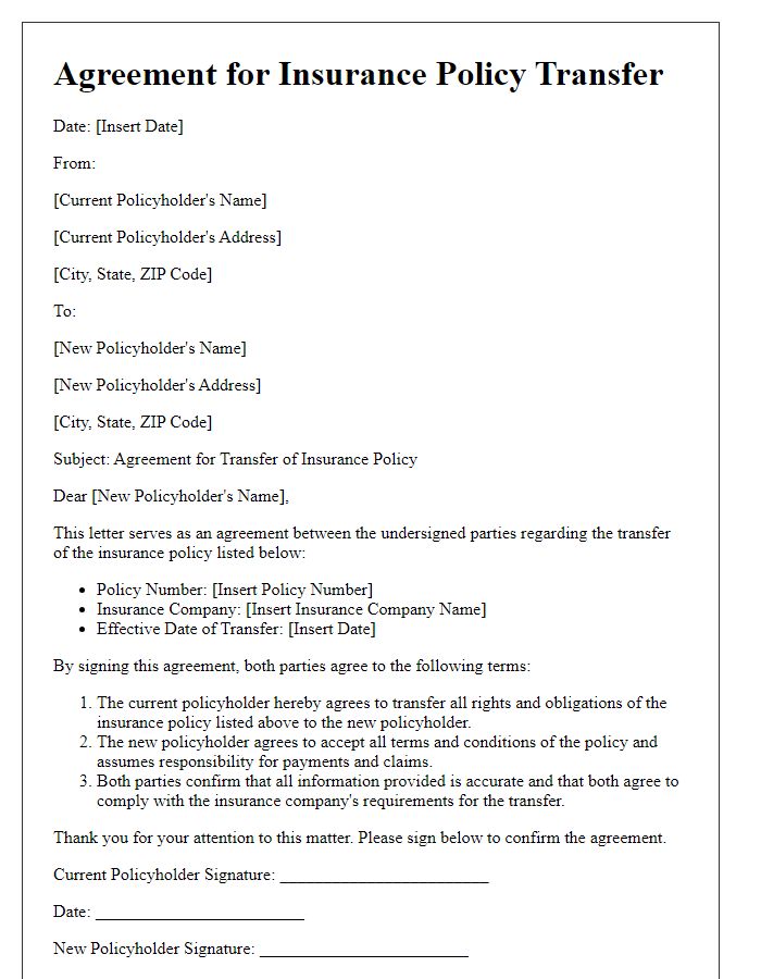 Letter template of agreement for insurance policy transfer