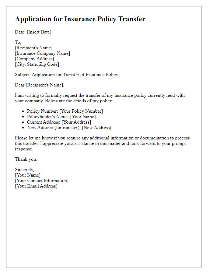 Letter template of application for insurance policy transfer