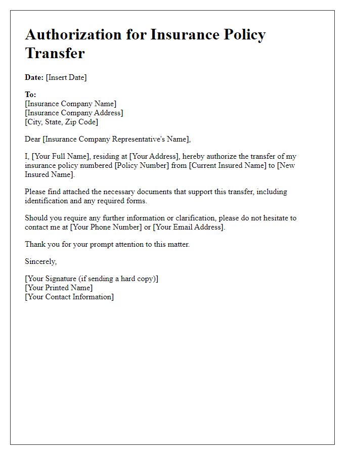 Letter template of authorization for insurance policy transfer