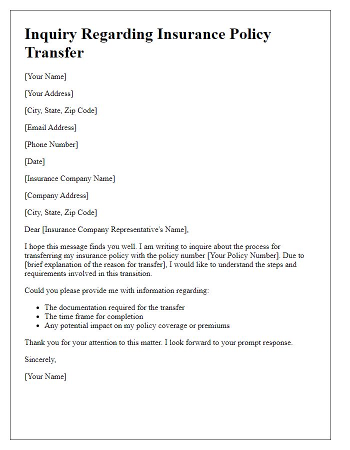 Letter template of inquiry about insurance policy transfer