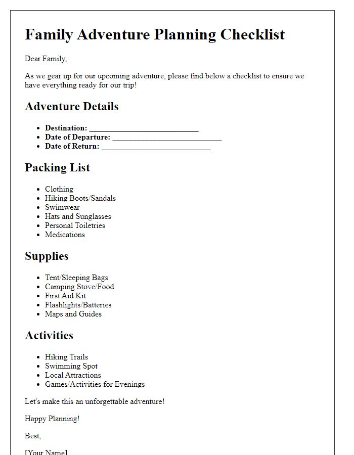 Letter template of family adventure planning checklist