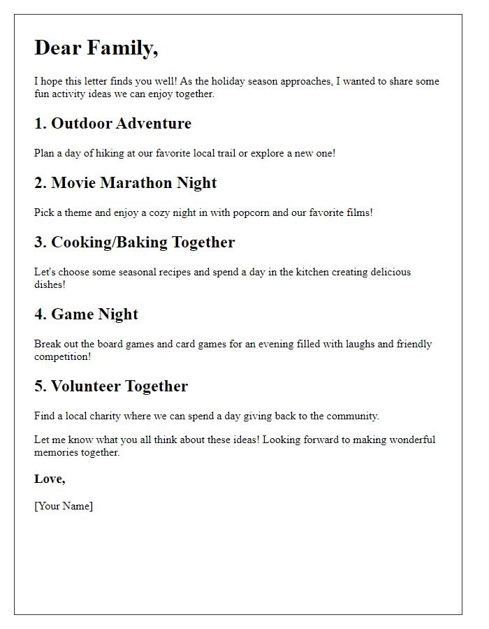 Letter template of family holiday activity ideas